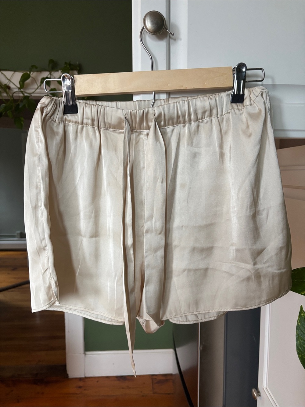 L'Academie Cream Satin Elastic-Waist Shorts with Front Tie